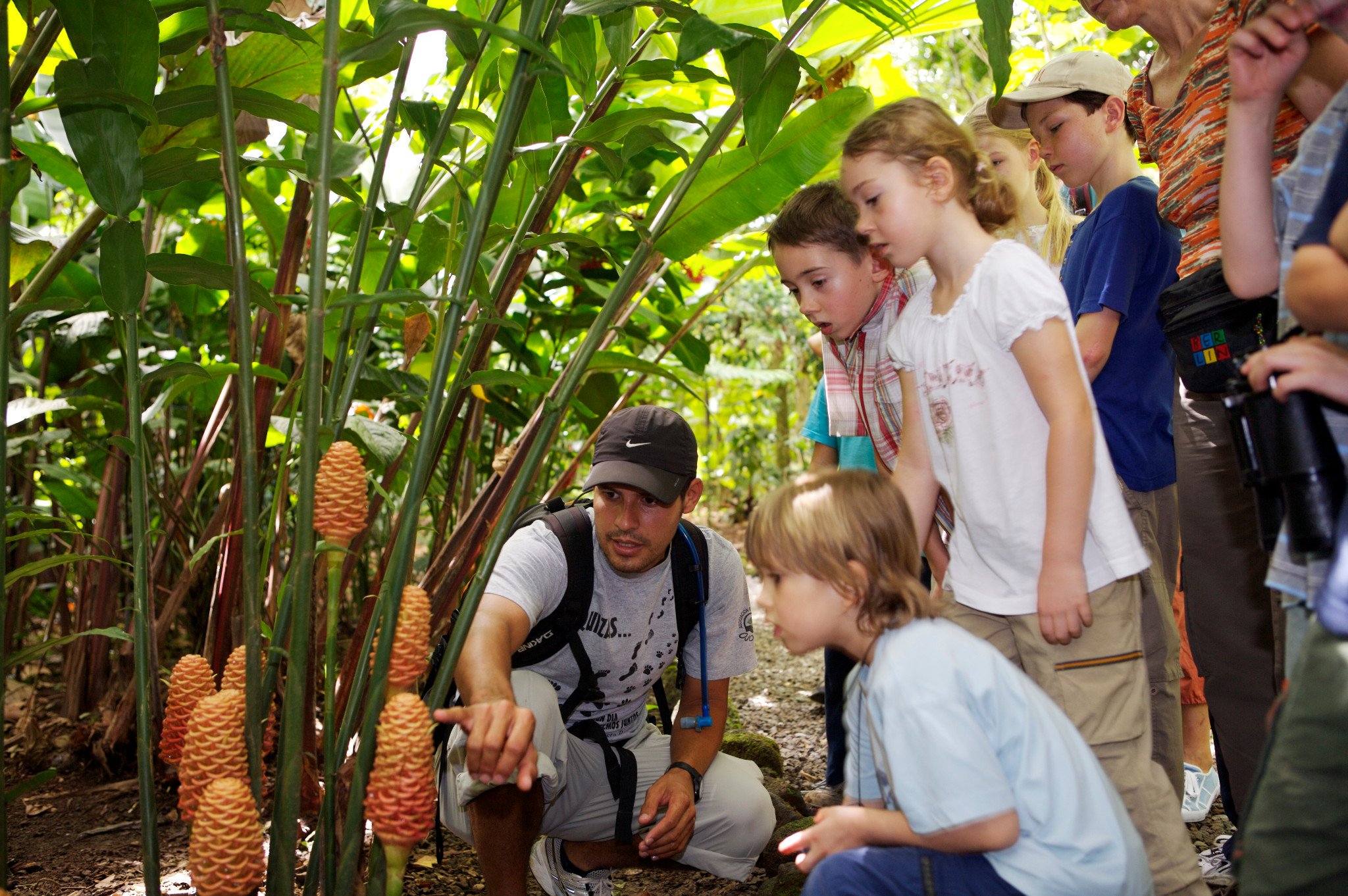 10 Jahre Reiseveranstalter For Family Reisen - Gruppenreise für Familien in Costa Rica - Kinder bestaunen mit einheimischem Guide Pflanzen in Costa Rica