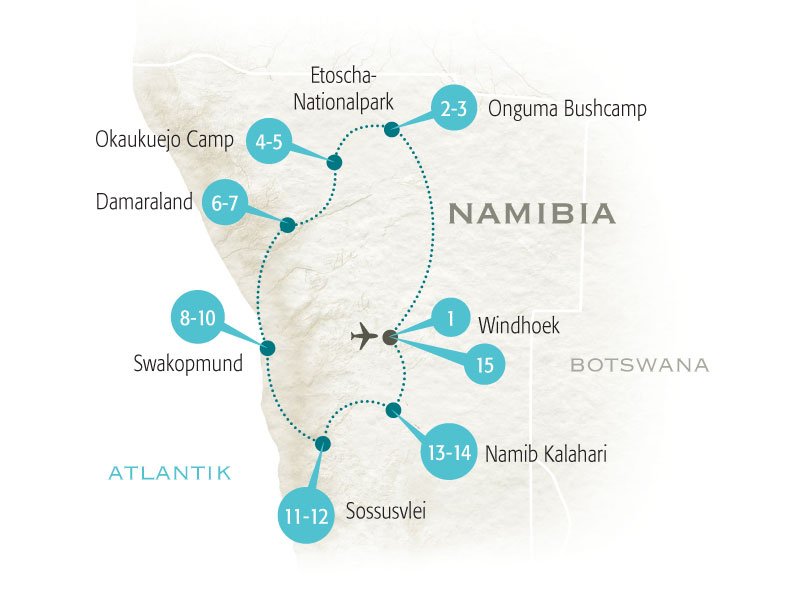 Namibia mit Kindern - Rundreisen mit Kindern - Reiseroute