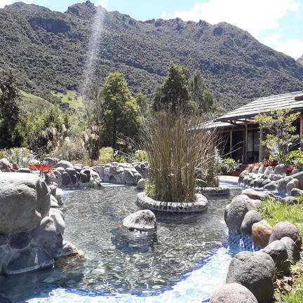 Ein ruhiger Garten mit einem klaren Teich, umgeben von großen Steinen und üppigem Grün, unter einem strahlend blauen Himmel.