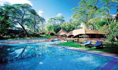 Ein glitzernder Pool umgeben von üppigem Grün und bunten Blumen, ideal für Entspannung und Erholung.