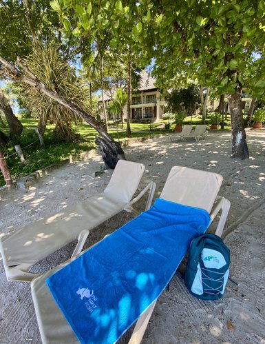 Zwei Liegen stehen im Schatten von Bäumen am Strand, eine mit einem blauen Handtuch und einem Rucksack daneben.