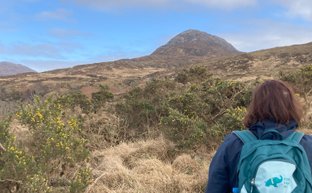 Eine Person mit einem Rucksack steht auf einem Wanderweg und blickt auf den majestätischen Diamond Hill in Irland.