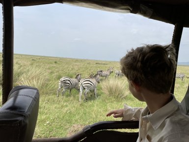 Ein Junge sitzt in einem Geländewagen und beobachtet eine Gruppe von Zebras, die durch die weite Savanne ziehen.