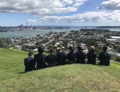 Eine Gruppe von Menschen sitzt auf einer Wiese und blickt auf die Stadt und das Wasser im Hintergrund.