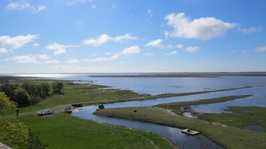 Ein weitläufiger Blick auf Matsalu Nationalpark, wo sanfte Hügel auf ruhige Gewässer treffen, unter einem strahlend blauen Himmel.