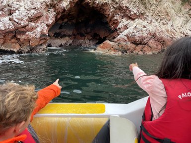 Zwei Kinder zeigen begeistert auf eine Felsformation im Wasser während einer Bootsfahrttour in der Natur.