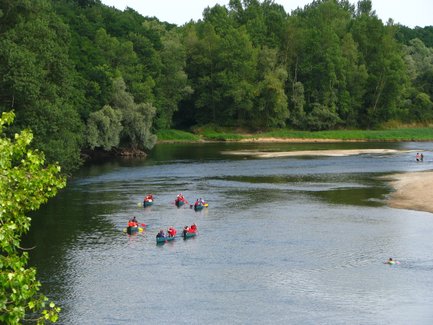 Eine Gruppe von Kajakfahrern paddelt auf einem ruhigen Fluss, umgeben von üppigem Grün und Bäumen am Ufer.