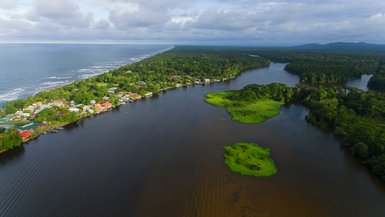 Luftaufnahme des Regenwaldes und der Wasserwege im Tortuguero Nationalpark – Costa Rica Familienreise