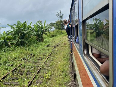 Frau blickt aus dem Fenster eines blauen Zuges während der Fahrt – Sri Lanka mit Kindern