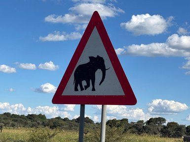 Ein dreieckiges Verkehrsschild warnt vor Elefanten, vor einem klaren blauen Himmel mit einigen Wolken im Hintergrund.