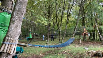 Ein Abenteuerpark im Wald mit Seilrutschen und Kletterelementen, umgeben von grünen Bäumen und herbstlichem Laub.