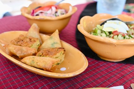 Ein Teller mit knusprigen Teigtaschen und einer bunten Salatschüssel auf einem karierten Tischdeckenhintergrund.