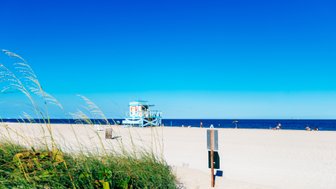 Ein sonniger Strand mit feinem Sand, einem blauen Rettungsturm und Menschen, die sich am Wasser entspannen.