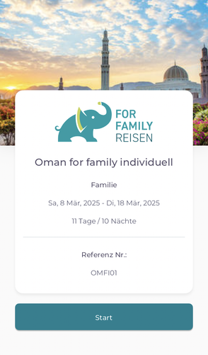 Ein Reiseangebot für Familien im Oman, das eine individuelle Reise von 11 Tagen und 10 Nächten beschreibt.