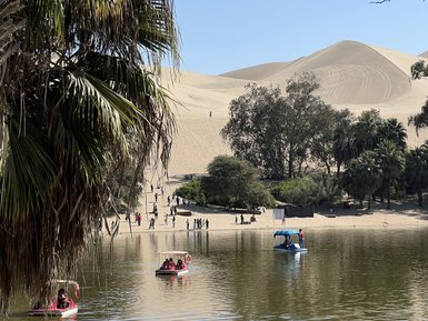 Ein ruhiger See umgeben von Palmen, mit Menschen, die auf den Sanddünen im Hintergrund wandern und Boote fahren.