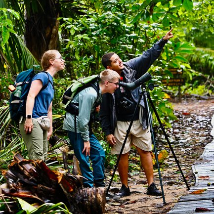 Drei Wanderer beobachten neugierig mit einem Fernglas die Natur im Cahuita Nationalpark, umgeben von üppigem Grün.