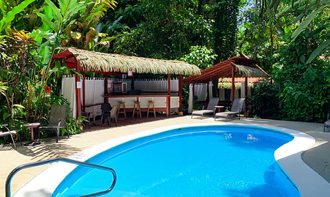 Ein einladender Poolbereich mit einer blauen Wasseroberfläche, umgeben von tropischen Pflanzen und gemütlichen Liegen.