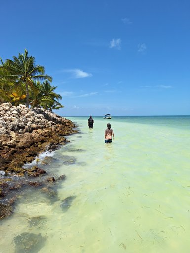Zwei Personen waten im flachen, klaren Wasser vor einer tropischen Küste mit Palmen und einem Boot im Hintergrund.