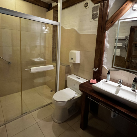 Ein modernes Badezimmer mit einer gläsernen Dusche, einem eleganten Waschbecken und rustikalen Holzelementen an den Wänden.