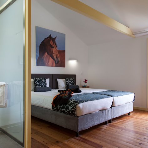 Ein helles Zimmer mit zwei Betten, dekoriert mit einem Pferdebild und stilvollen Kissen, strahlt Gemütlichkeit aus.