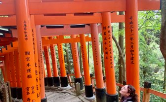 Eine Person sitzt auf einer Steinbank und blickt lächelnd zu den leuchtend orangefarbenen Torii-Toren auf einem schmalen Weg.