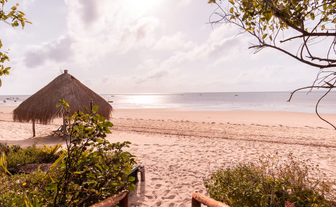 Ein malerischer Strand mit einem Strohdach und sanften Wellen, die im Sonnenlicht glitzern, umgeben von üppigem Grün.