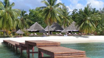 Ein Holzsteg führt über das klare Wasser zu einem Strand mit Palmen und traditionellen Hütten im Hintergrund.
