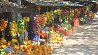 Farbenfroher Marktstand mit Früchten auf dem Basar in Kandy – Sri Lanka Familienreise