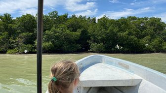  Kinder genießen eine Bootsfahrt durch grüne Landschaft – Mexiko Reise mit Kindern