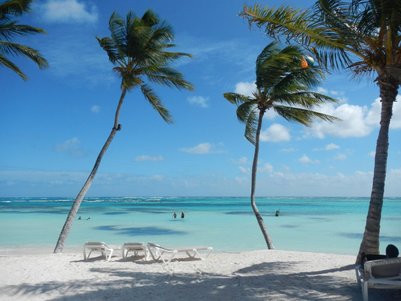Ein tropischer Strand mit weißen Liegen, umgeben von Palmen und klarem, türkisfarbenem Wasser unter einem strahlend blauen Himmel.