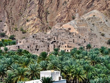 Palmen und Felsenhäuser im Dorf Birkat Al Mauz – Oman Reise mit Kindern