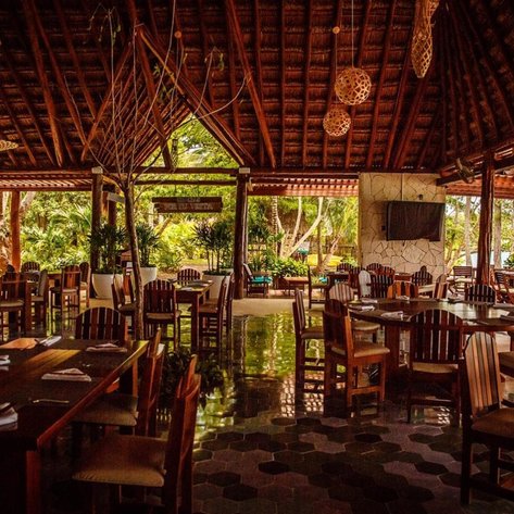 Ein einladendes Restaurant mit Holzmöbeln und einem offenen Raum, umgeben von üppiger Vegetation und natürlichem Licht.