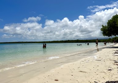 Zwei Personen stehen im flachen Wasser, umgeben von einer malerischen Küstenlandschaft mit sanften Wellen und Wolken.