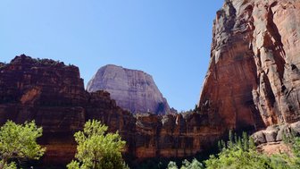 Majestätische Felsen erheben sich unter einem strahlend blauen Himmel im Zion-Nationalpark, umgeben von üppigem Grün.