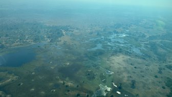 Eine weite, grüne Landschaft mit Wasserflächen und kleinen Hügeln, die aus der Vogelperspektive sichtbar sind.
