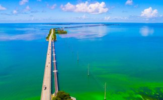 Eine malerische Aussicht auf die lange Brücke, die über das türkisfarbene Wasser von Florida führt, umgeben von üppigem Grün.