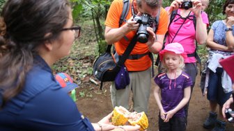 Reisegruppe entdeckt Kakaofrucht bei La Tirimbina – Costa Rica Familienreise