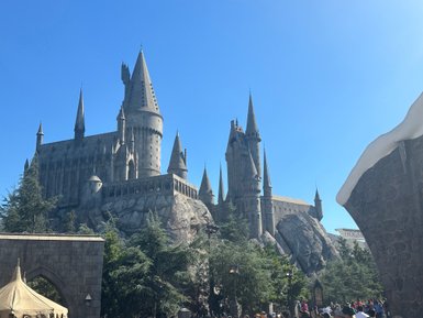 Ein beeindruckendes Schloss mit vielen Türmen und Zinnen, umgeben von Bäumen und einem klaren blauen Himmel.