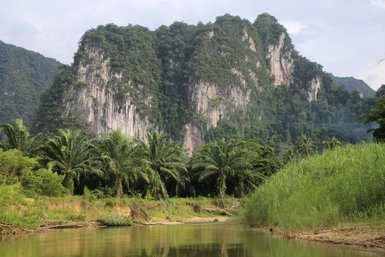 Ein ruhiger Fluss schlängelt sich durch eine üppige Landschaft, umgeben von hohen Bergen und dichten Wäldern.