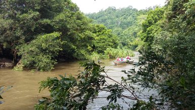Eine Gruppe von Menschen fährt in einem Boot auf einem ruhigen Fluss, umgeben von üppigem, grünem Dschungel.