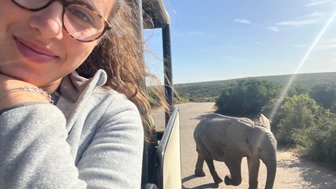 Teenager sitzt im Jeep während ein Elefant im Hintergrund im Addo Nationalpark zu sehen ist – Garden Route mit Kindern