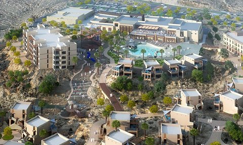 Moderne Außenansicht des dusitD2 Naseem Resorts inmitten der Berglandschaft am Jebel Akhdar – Oman Reise mit Kindern