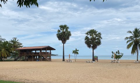Ein ruhiger Strand mit feinem Sand, umgeben von Palmen und einem Holzgebäude im Hintergrund, unter einem bewölkten Himmel.