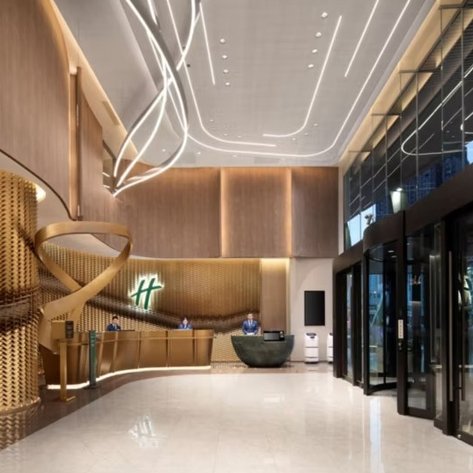 Der Empfangsbereich des Holiday Inn in Shanghai zeigt eine elegante, moderne Einrichtung mit warmen Holztönen und stilvollen Lichtern.