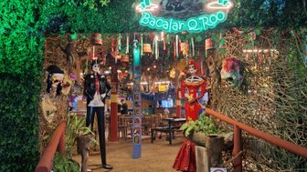 Der Eingang zu Mr. Taco in Bacalar ist lebhaft dekoriert mit bunten Lichtern und Pflanzen, die eine einladende Atmosphäre schaffen.