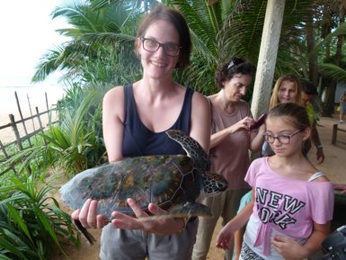 Eine Frau hält eine Schildkröte in den Händen, während sie lächelt, umgeben von tropischer Vegetation und anderen Personen.