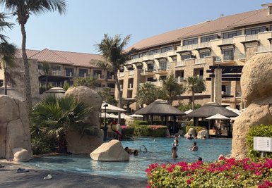 Ein luxuriöser Poolbereich umgeben von Palmen und Felsen, mit Gästen, die sich im Wasser entspannen und schwimmen.