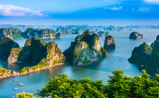 Eine atemberaubende Aussicht auf die Kalksteininseln von Ha Long Bay, umgeben von klarem, blauem Wasser und grünem Laub.