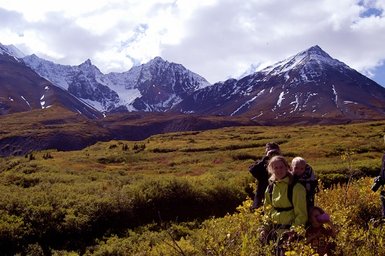 Eine Gruppe von Wanderern genießt die atemberaubende Aussicht auf schneebedeckte Berge und blühende Wiesen in Alaska.