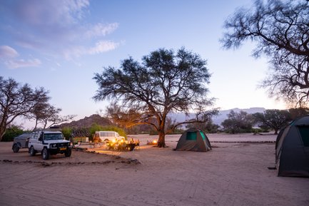 Ein Campingplatz in Namibia mit Zelten, einem Lagerfeuer und Fahrzeugen unter einem großen Baum in der Dämmerung.